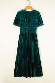 Bella Love Boutique California LLC Dresses/Maxi Dresses Evergreen Velvet Short Sleeve Shirred Waist Tiered Maxi Dress