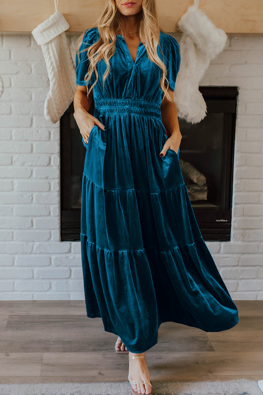 Bella Love Boutique California LLC Dresses/Maxi Dresses Prussian Blue / S / 95%Polyester+5%Elastane Evergreen Velvet Short Sleeve Shirred Waist Tiered Maxi Dress