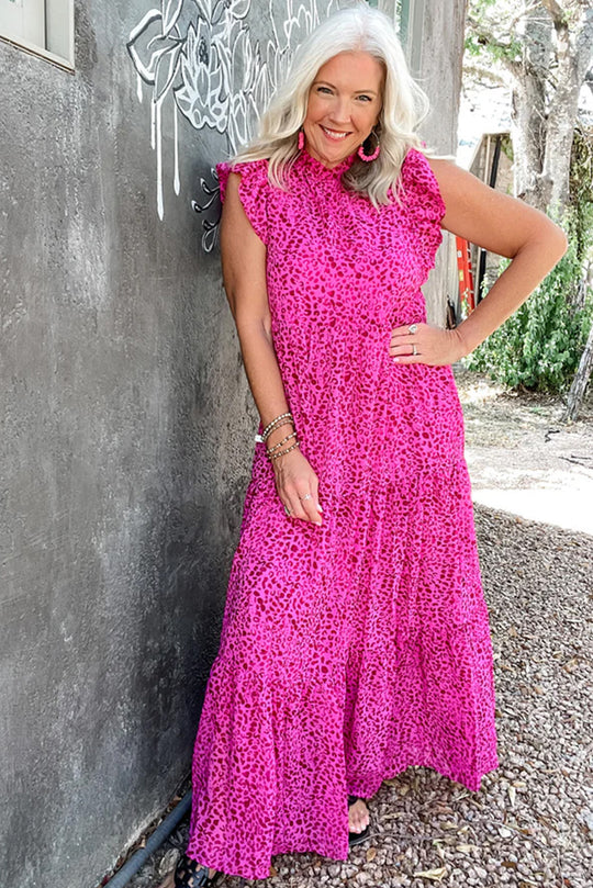 Bella Love Boutique California LLC Dresses/Maxi Dresses Rose Red Leopard Print Ruffled Trim Tiered Maxi Dress