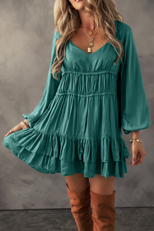 Bella Love Boutique California LLC Dresses/Mini Dresses Mist Green / S / 97%Polyester+3%Elastane Bella Loves Cali's Green Tiered Ruffled Puff Sleeve Loose Fit Mini Dress