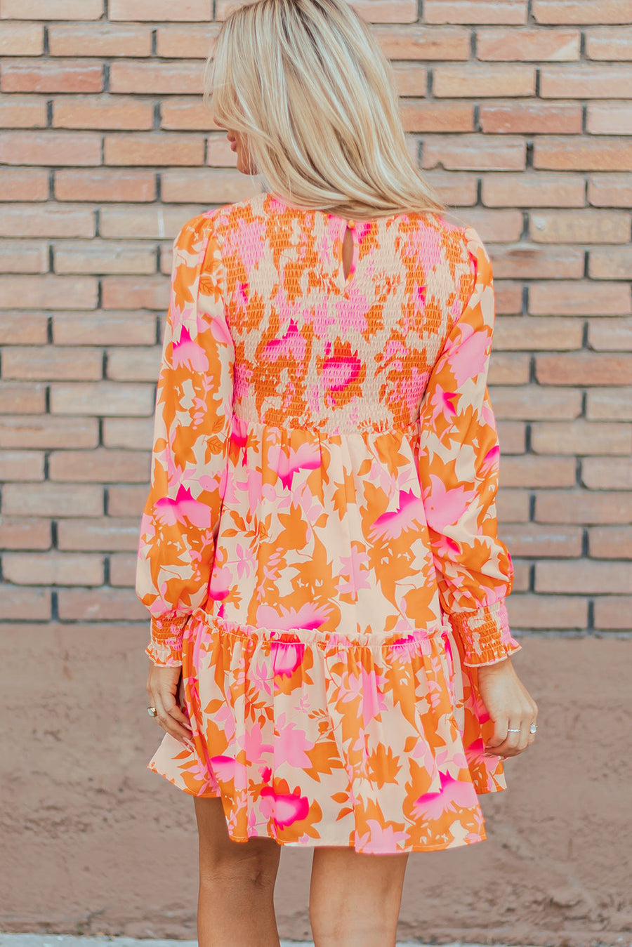 Bella Love Boutique California LLC Dresses/Mini Dresses Orange Abstract Print Smocked Lantern Sleeve Ruffle Mini Dress