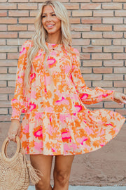 Orange Abstract Print Smocked Lantern Sleeve Ruffle Mini Dress