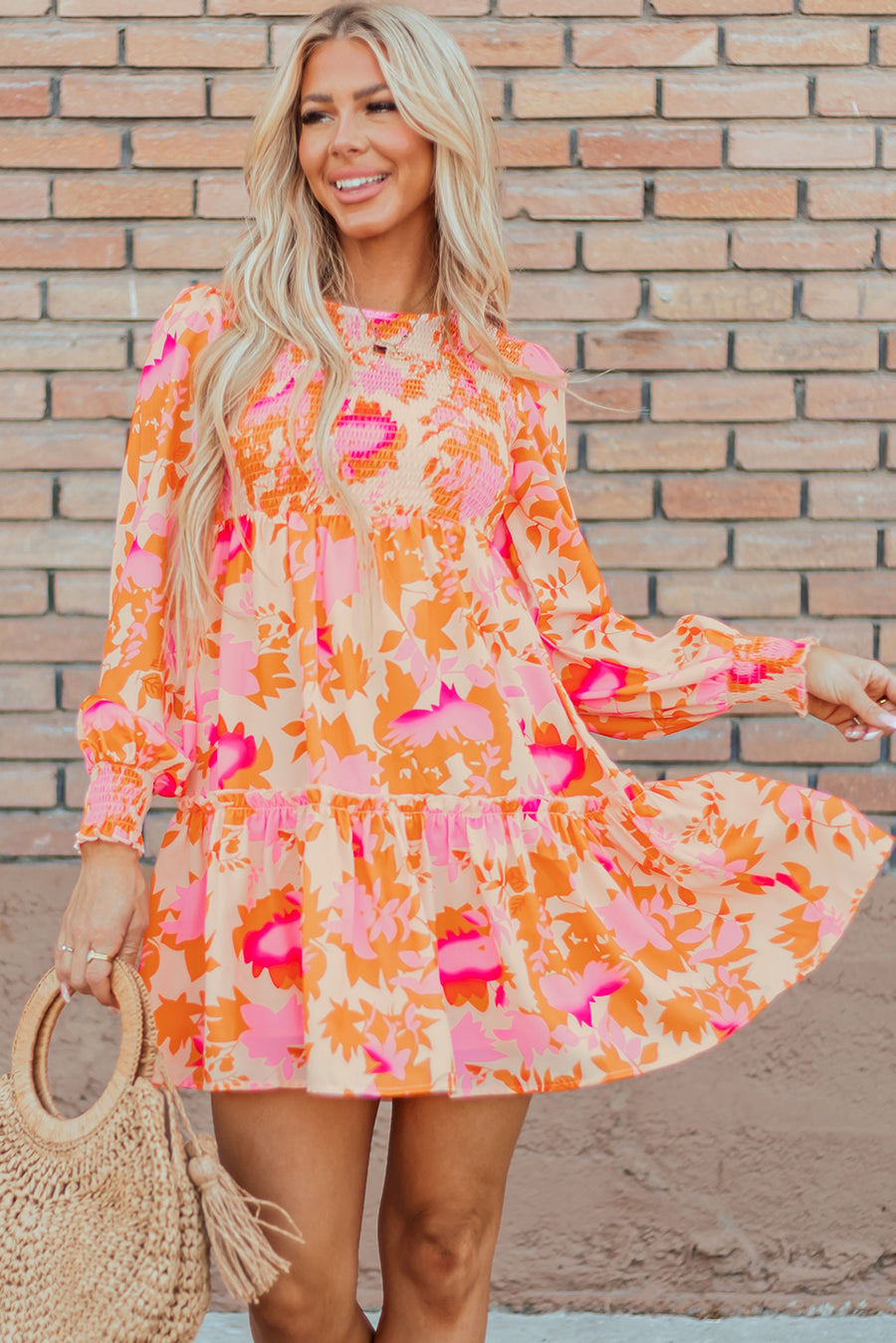 Bella Love Boutique California LLC Dresses/Mini Dresses Orange Abstract Print Smocked Lantern Sleeve Ruffle Mini Dress