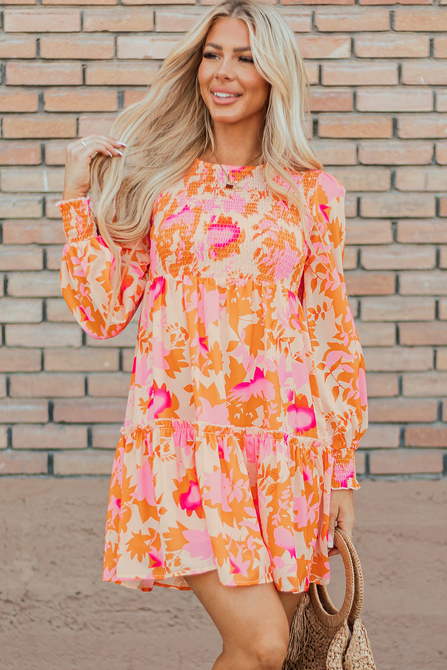 Bella Love Boutique California LLC Dresses/Mini Dresses Orange Abstract Print Smocked Lantern Sleeve Ruffle Mini Dress