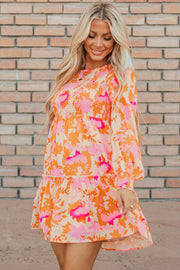 Bella Love Boutique California LLC Dresses/Mini Dresses Orange Abstract Print Smocked Lantern Sleeve Ruffle Mini Dress