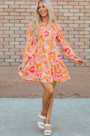 Bella Love Boutique California LLC Dresses/Mini Dresses Orange Abstract Print Smocked Lantern Sleeve Ruffle Mini Dress