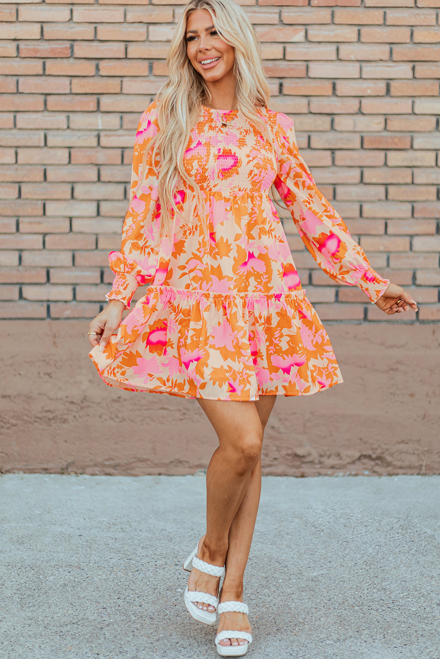 Bella Love Boutique California LLC Dresses/Mini Dresses Orange Abstract Print Smocked Lantern Sleeve Ruffle Mini Dress