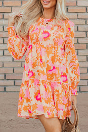 Bella Love Boutique California LLC Dresses/Mini Dresses Orange Abstract Print Smocked Lantern Sleeve Ruffle Mini Dress