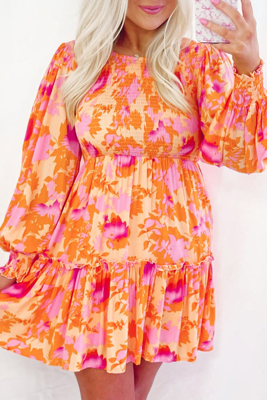 Bella Love Boutique California LLC Dresses/Mini Dresses Orange Abstract Print Smocked Lantern Sleeve Ruffle Mini Dress