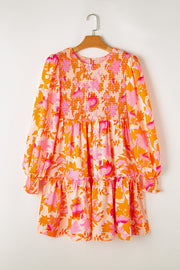 Bella Love Boutique California LLC Dresses/Mini Dresses Orange Abstract Print Smocked Lantern Sleeve Ruffle Mini Dress