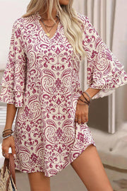 Bella Love Boutique California LLC Dresses/Mini Dresses Pink Paisley Print Tiered 3/4 Sleeve Notched Neck Mini Dress