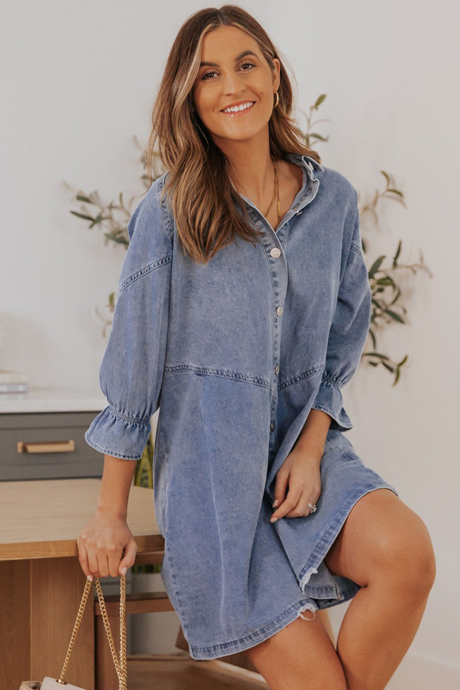 Sky Blue Buttoned Long Sleeve Denim Mini Dress