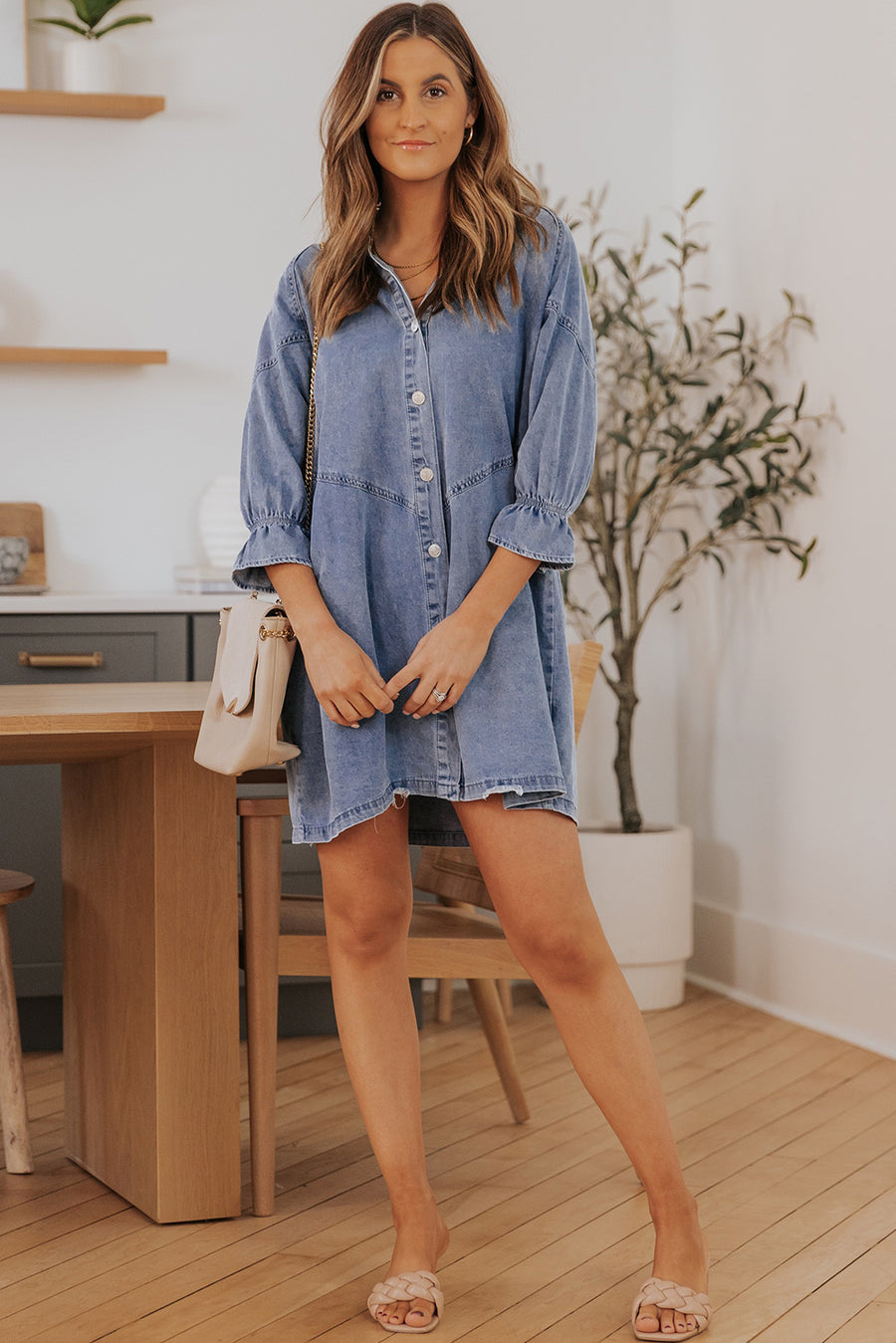 Sky Blue Buttoned Long Sleeve Denim Mini Dress