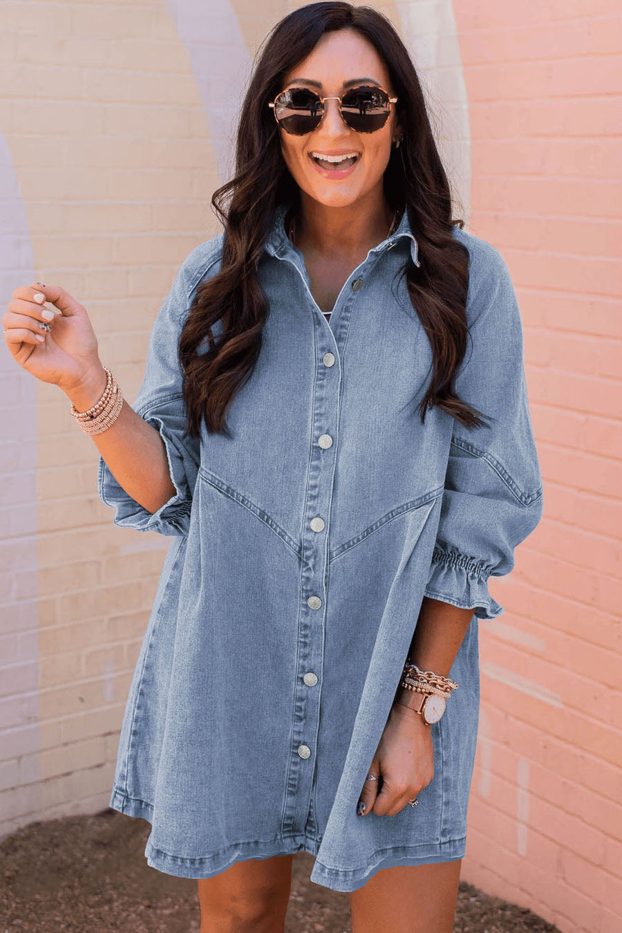 Sky Blue Buttoned Long Sleeve Denim Mini Dress