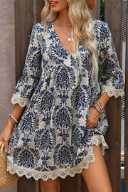 Bella Love Boutique California LLC Dresses/Mini Dresses Sky Blue / S / 100%Polyester Sky Blue Vintage Printed Lace Trim V Neck 3/4 Sleeve Loose Dress