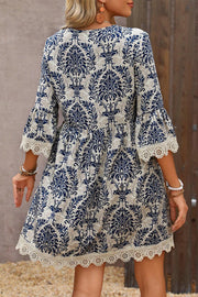 Bella Love Boutique California LLC Dresses/Mini Dresses Sky Blue Vintage Printed Lace Trim V Neck 3/4 Sleeve Loose Dress
