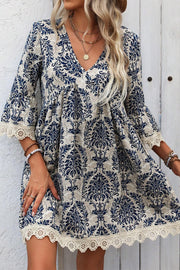Bella Love Boutique California LLC Dresses/Mini Dresses Sky Blue Vintage Printed Lace Trim V Neck 3/4 Sleeve Loose Dress