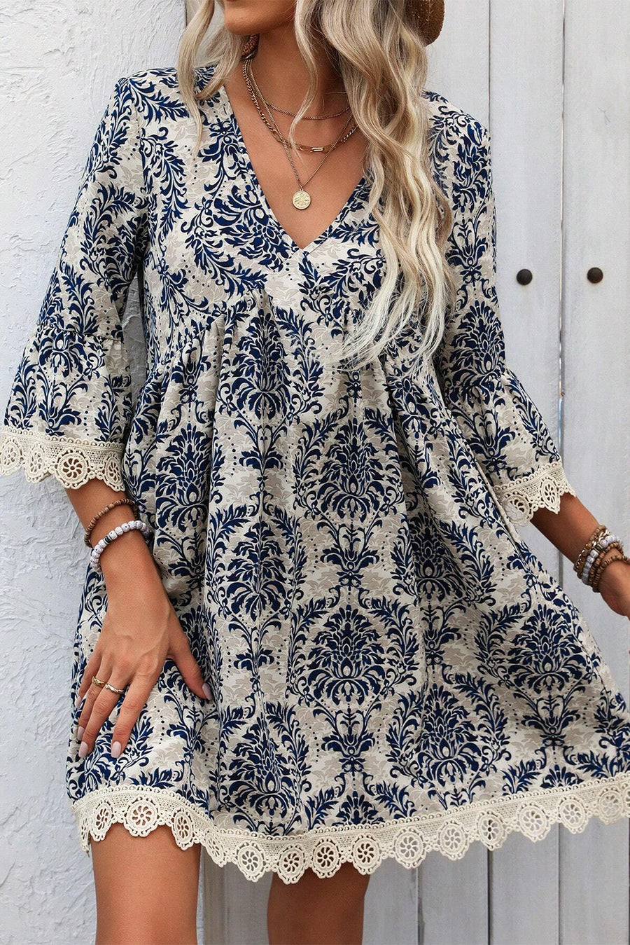 Bella Love Boutique California LLC Dresses/Mini Dresses Sky Blue Vintage Printed Lace Trim V Neck 3/4 Sleeve Loose Dress