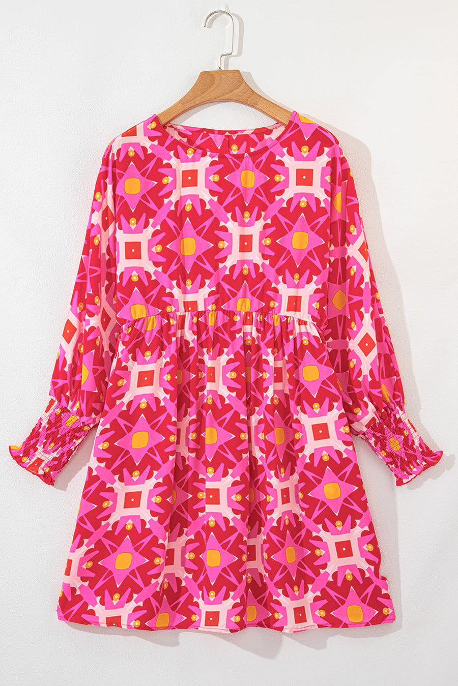 Bella Love Boutique California LLC Dresses/Mini Dresses Strawberry Pink Geometric Print Smocked Long Sleeve Mini Dress