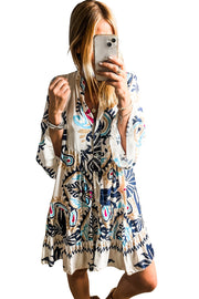 White Printed Tribal Bracelet Sleeve Buttoned Mini Dress