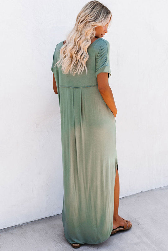 Bella Love Boutique California LLC Dresses/T Shirt Dresses Grass Green V Neck Hidden Pocket Splits Maxi T-shirt Dress