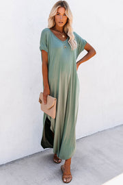 Grass Green V Neck Hidden Pocket Splits Maxi T-shirt Dress