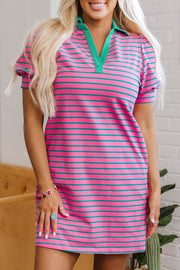 Bella Love Boutique California LLC Dresses/T Shirt Dresses Pink Stripe Collared V Neck Puff Sleeve T Shirt Dress