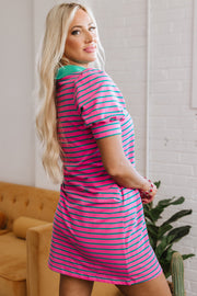 Bella Love Boutique California LLC Dresses/T Shirt Dresses Pink Stripe Collared V Neck Puff Sleeve T Shirt Dress