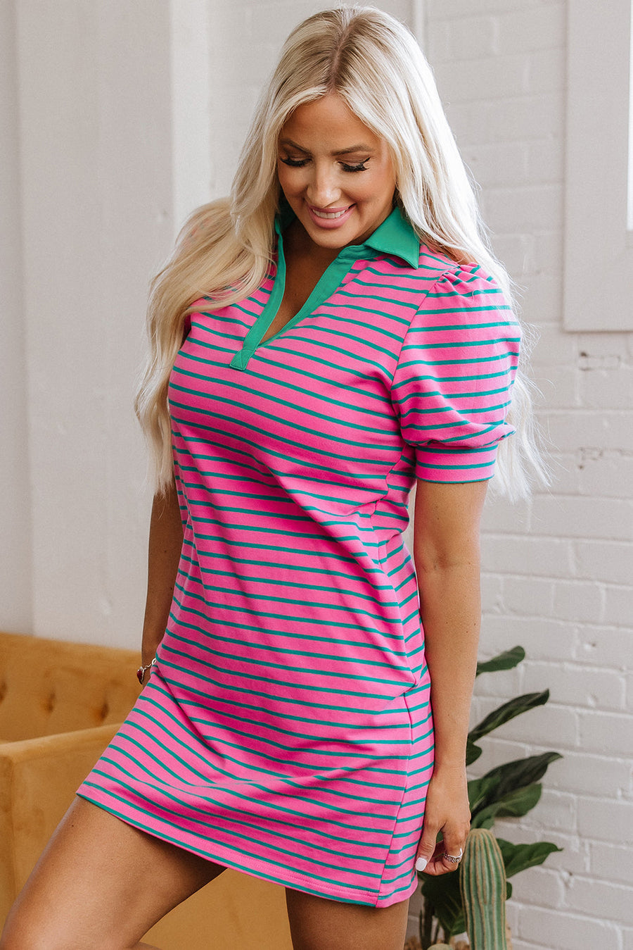 Bella Love Boutique California LLC Dresses/T Shirt Dresses Pink Stripe Collared V Neck Puff Sleeve T Shirt Dress