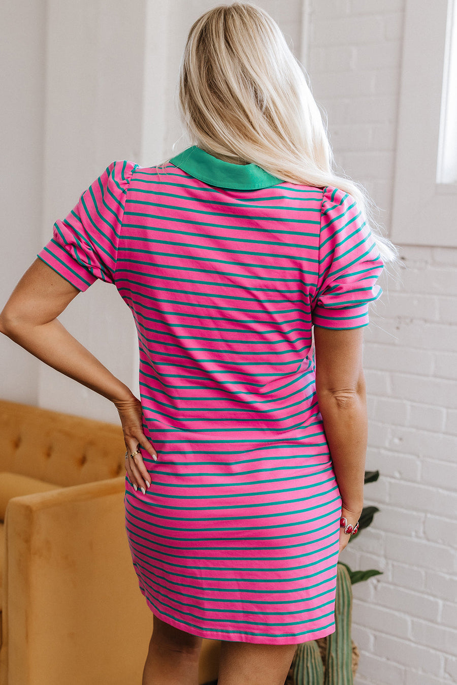 Bella Love Boutique California LLC Dresses/T Shirt Dresses Pink Stripe Collared V Neck Puff Sleeve T Shirt Dress