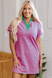 Bella Love Boutique California LLC Dresses/T Shirt Dresses Pink Stripe Collared V Neck Puff Sleeve T Shirt Dress