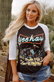 Bella Love Boutique California LLC Graphic/Graphic Long Sleeve Tees Brown / S / 62%Polyester+32%Cotton+6%Elastane Bella Loves Cali's Yeehaw Graphic Vintage Raglan Long Sleeve Top