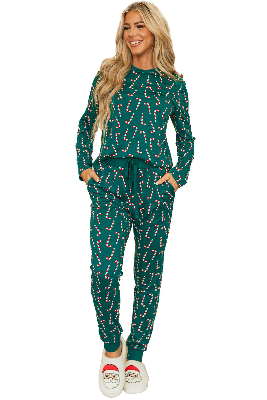 Bella Love Boutique California LLC Loungewear & Sleepwear/Loungewear Green Christmas Candy Cane Printed Top and Pants Lounge Set