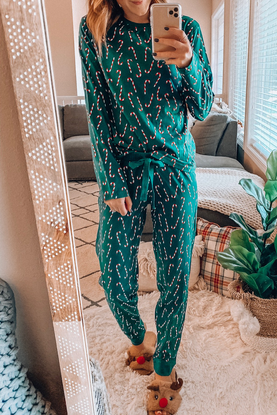 Green Christmas Candy Cane Printed Top and Pants Lounge Set