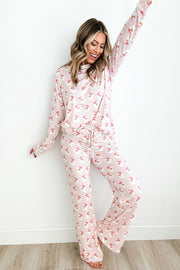 Pink Santa Claus Striped Print Loose Fit Two Piece Lounge Set