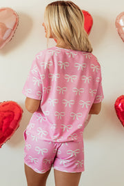 Bella Love Boutique California LLC Loungewear & Sleepwear/Loungewear Pink Waffle Knit Bowknot Printed V Neck T Shirt and Shorts Set