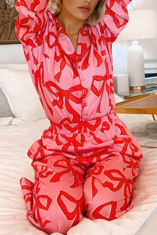 Bella Love Boutique California LLC Loungewear & Sleepwear/Sleepwear Pink 2pcs Bow Print Shirt Style Long Sleeve Pajama Set