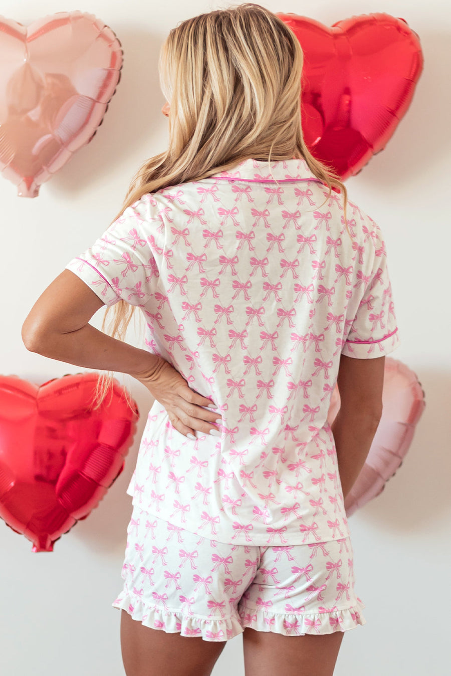 Bella Love Boutique California LLC Loungewear & Sleepwear/Sleepwear Pink Bowknot Printed Short Sleeve and Ruffled Shorts Valentines Pajama Set