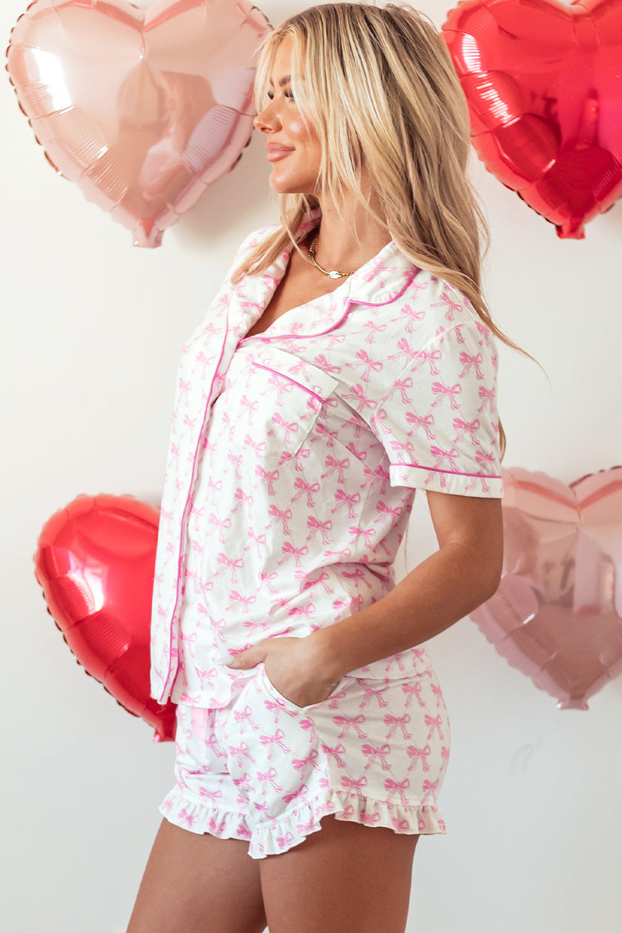 Bella Love Boutique California LLC Loungewear & Sleepwear/Sleepwear Pink Bowknot Printed Short Sleeve and Ruffled Shorts Valentines Pajama Set