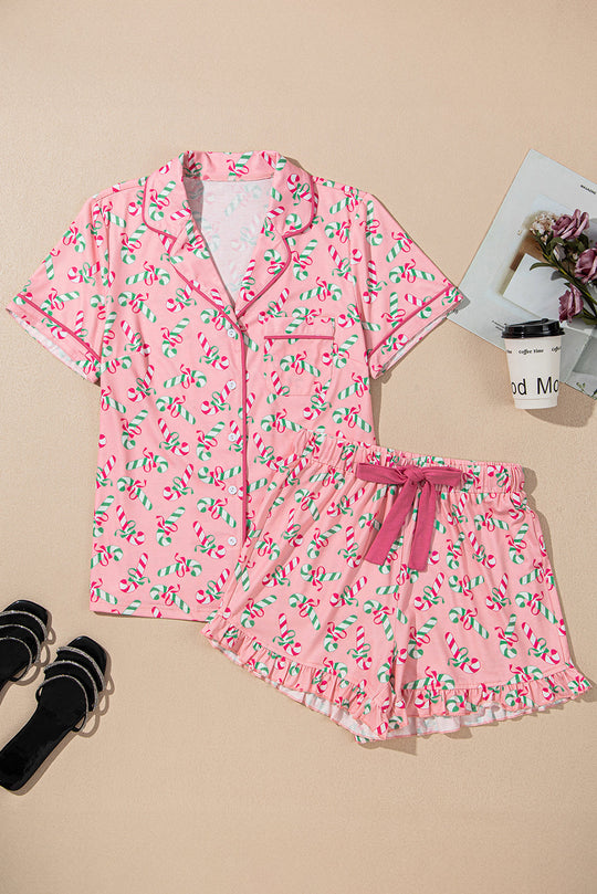 Bella Love Boutique California LLC Loungewear & Sleepwear/Sleepwear Pink Christmas Candy Cane Print Pocketed Knotted Pajama Set