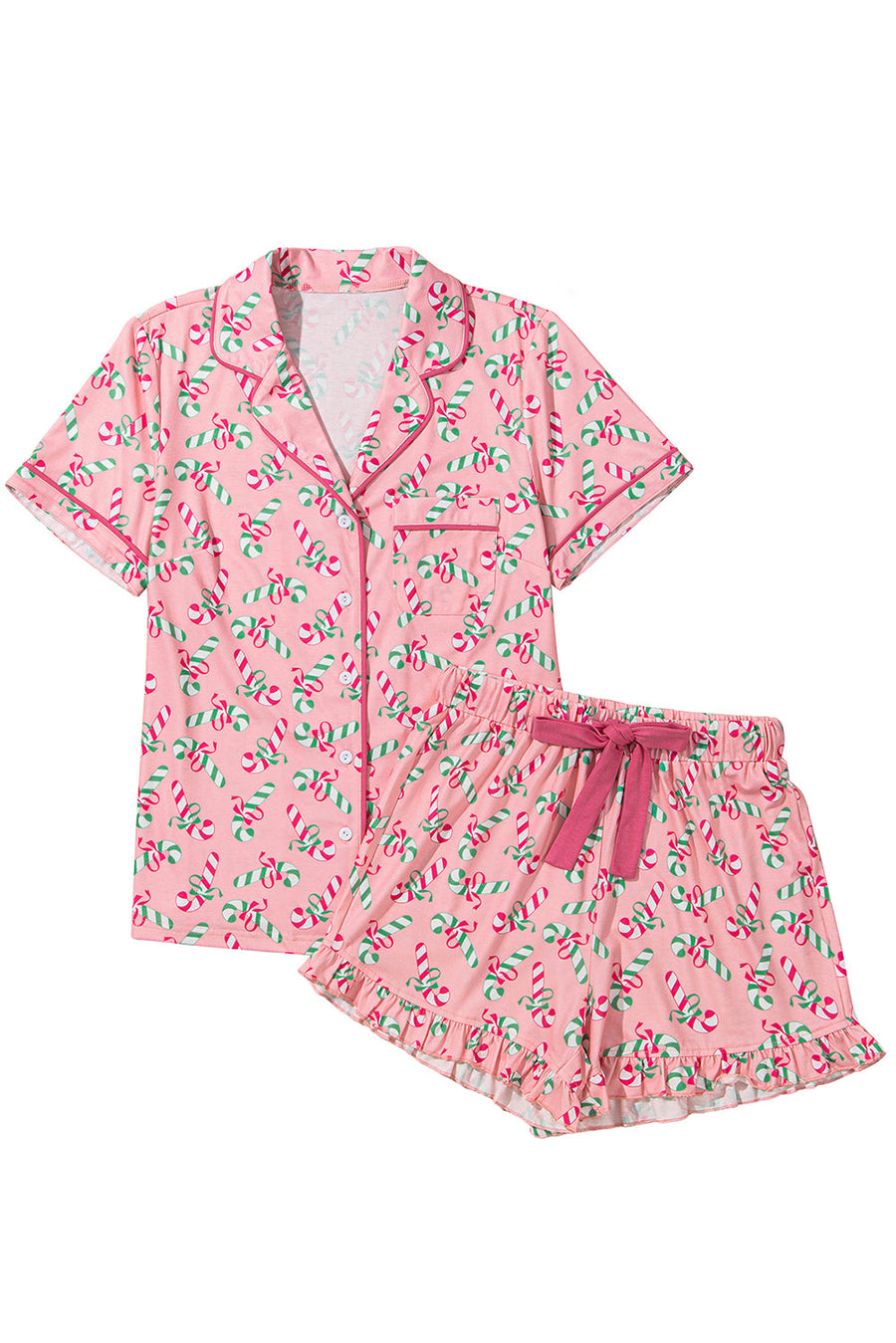 Bella Love Boutique California LLC Loungewear & Sleepwear/Sleepwear Pink Christmas Candy Cane Print Pocketed Knotted Pajama Set