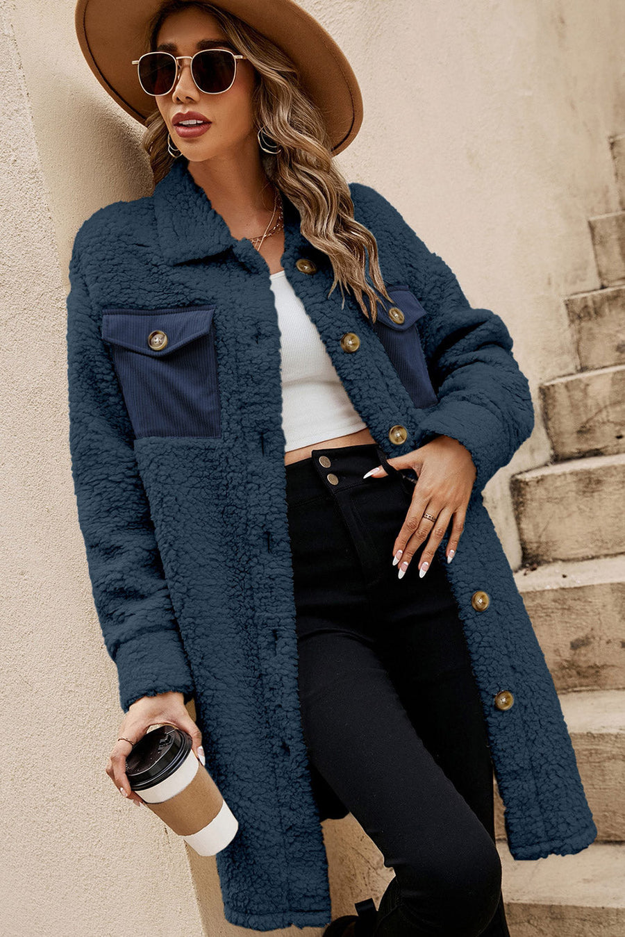 Bella Love Boutique California LLC Outerwear/Coats Blue Contrast Flap Pocket Single Breasted Teddy Coat