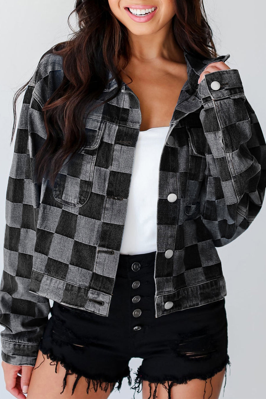 Bella Love Boutique California LLC Outerwear/Denim jackets Black / S / 56%Cotton+44%Polyester Light Blue Checkered Patchwork Button up Denim Jacket