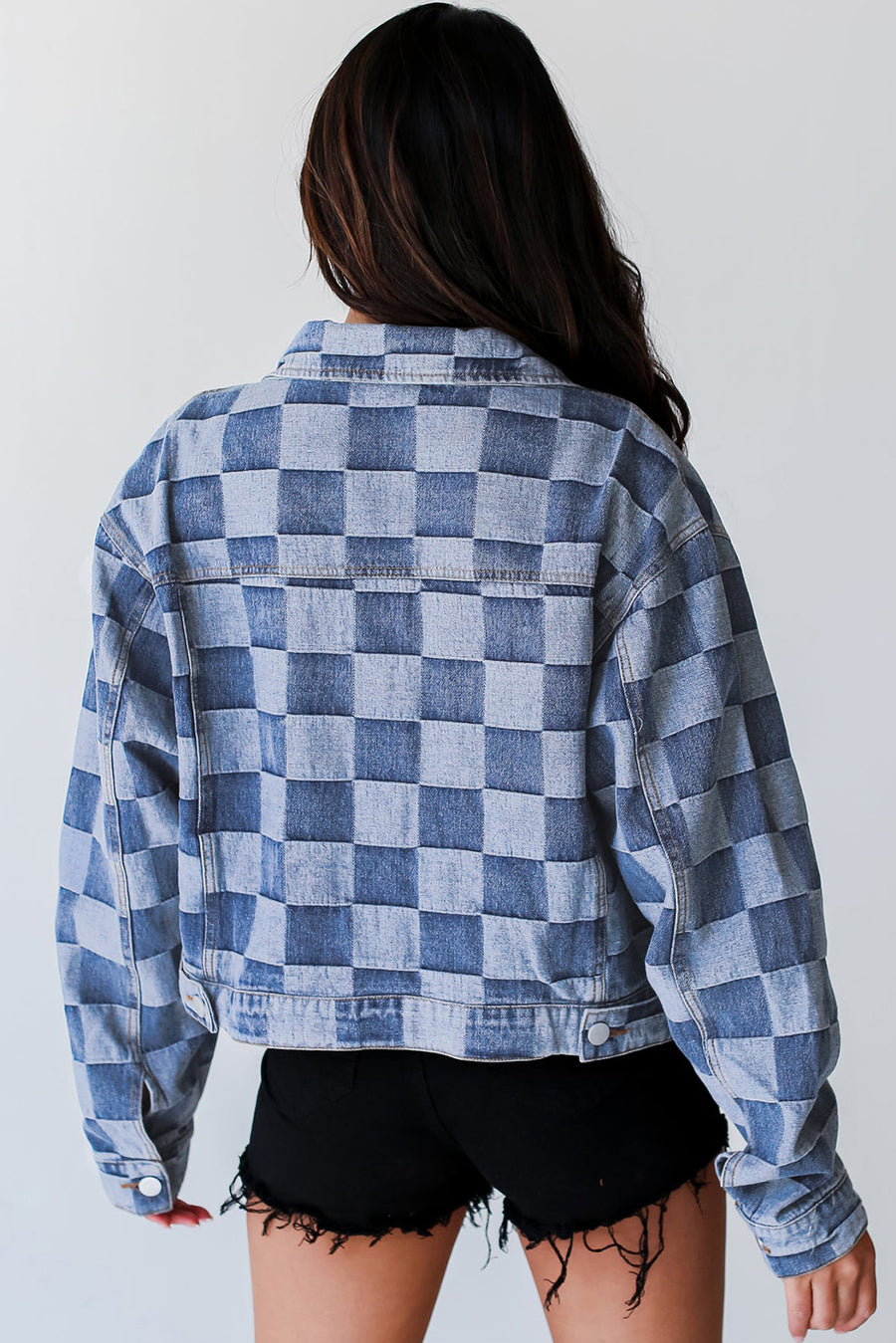 Bella Love Boutique California LLC Outerwear/Denim jackets Light Blue Checkered Patchwork Button up Denim Jacket