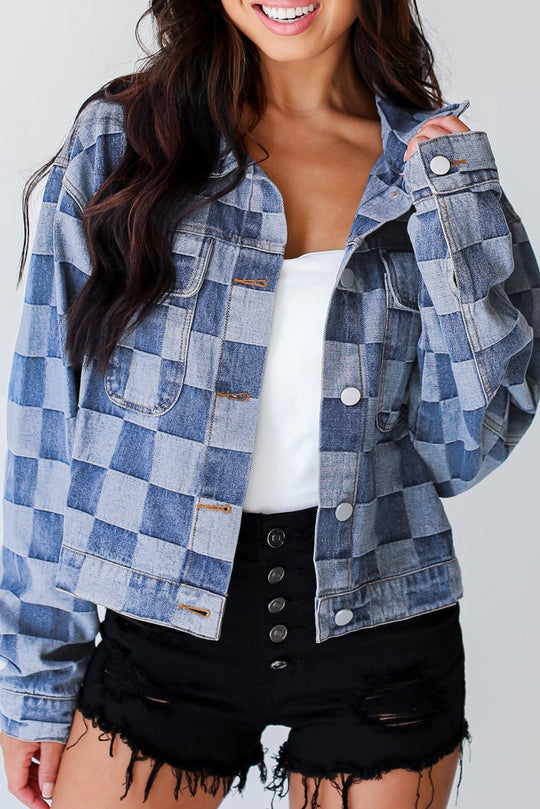 Bella Love Boutique California LLC Outerwear/Denim jackets Light Blue / S / 56%Cotton+44%Polyester Light Blue Checkered Patchwork Button up Denim Jacket