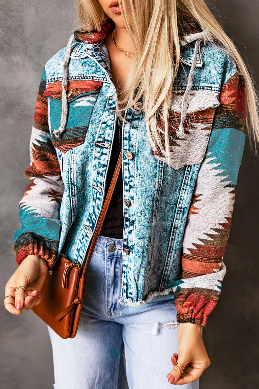 Bella Love Boutique California LLC Outerwear/Denim jackets Multicolor Aztec Print Frayed Hem Denim Jacket