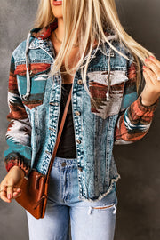 Bella Love Boutique California LLC Outerwear/Denim jackets Multicolor / S / 75%Cotton+25%Polyester Multicolor Aztec Print Frayed Hem Denim Jacket