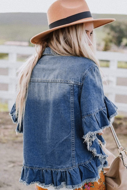 Bella Love Boutique California LLC Outerwear/Denim jackets Peacock Blue Raw Edge Ruffled Short Sleeve Denim Jacket