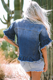 Bella Love Boutique California LLC Outerwear/Denim jackets Peacock Blue Raw Edge Ruffled Short Sleeve Denim Jacket