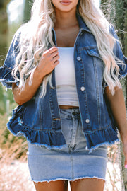 Bella Love Boutique California LLC Outerwear/Denim jackets Peacock Blue Raw Edge Ruffled Short Sleeve Denim Jacket